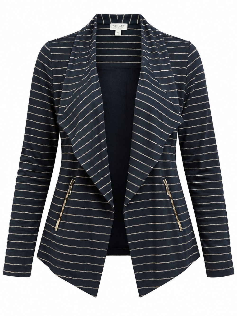 SOMA | Black Gold Metallic Stripe Waterfall Jacket Cardigan Zip Pockets | XL